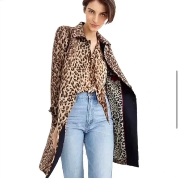 J. Crew Animal Trench Coat Double Leopard 00 Wool Textured - Picture 3 of 13